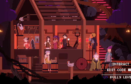 One Dreamer screenshot: A crowd of characters inside a lantern-lit wooden treehouse bar, with prompts to interact, edit code and pull a lever