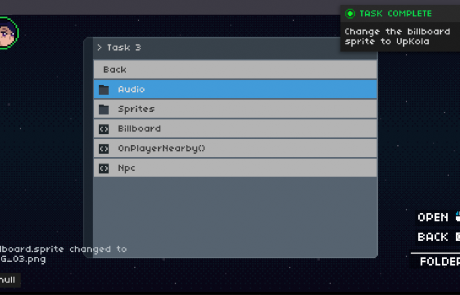 One Dreamer screenshot: An in-game file browser of code files, with a task-complete notice for changing a billboard sprite