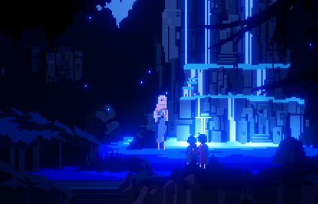 One Dreamer screenshot: Characters standing beside a glowing blue waterfall in a dark forest at night