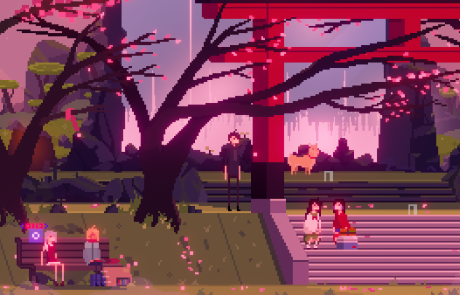 One Dreamer screenshot: A park with cherry blossom trees and a red torii gate, with characters relaxing on a bench and steps